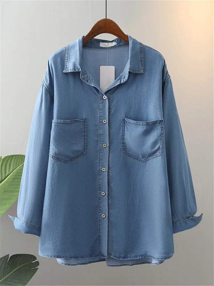 Plus Size Womens Clothing Blouses Shirt Spring And Autumn Denim LongSleeved Lapel Thin Soft Basic Shirts Oversize 250220Z