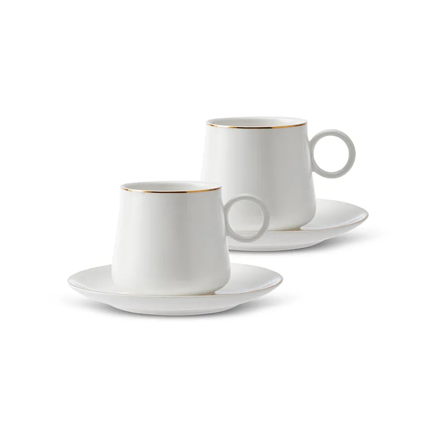 Karaca Ball 4 Piece Porcelain Tea Cup and Saucer Set for 2 People, 220ml, White Gold