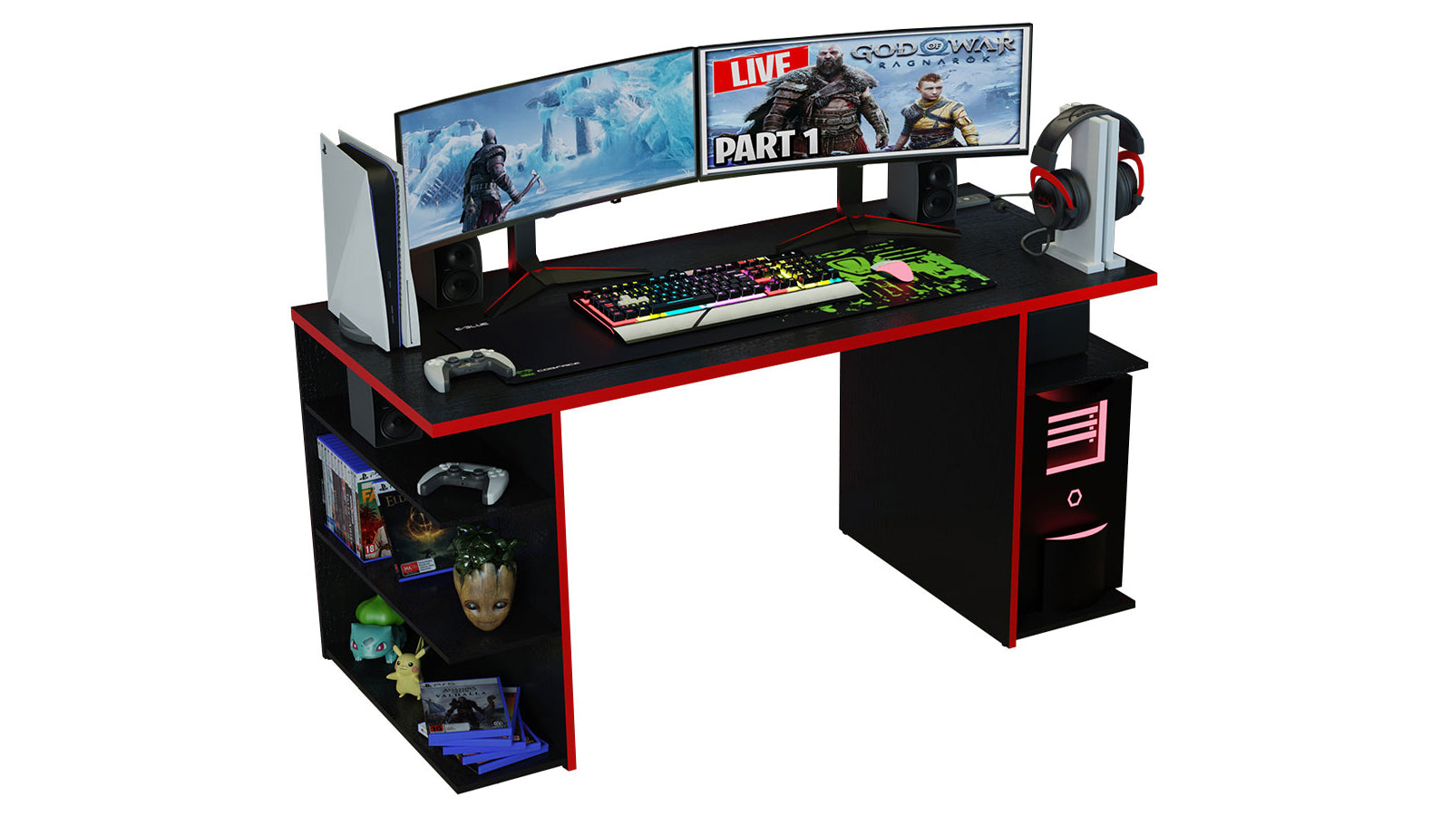 Madesa Gaming Computer Desk 5 Shelves Cable Management Black-Red