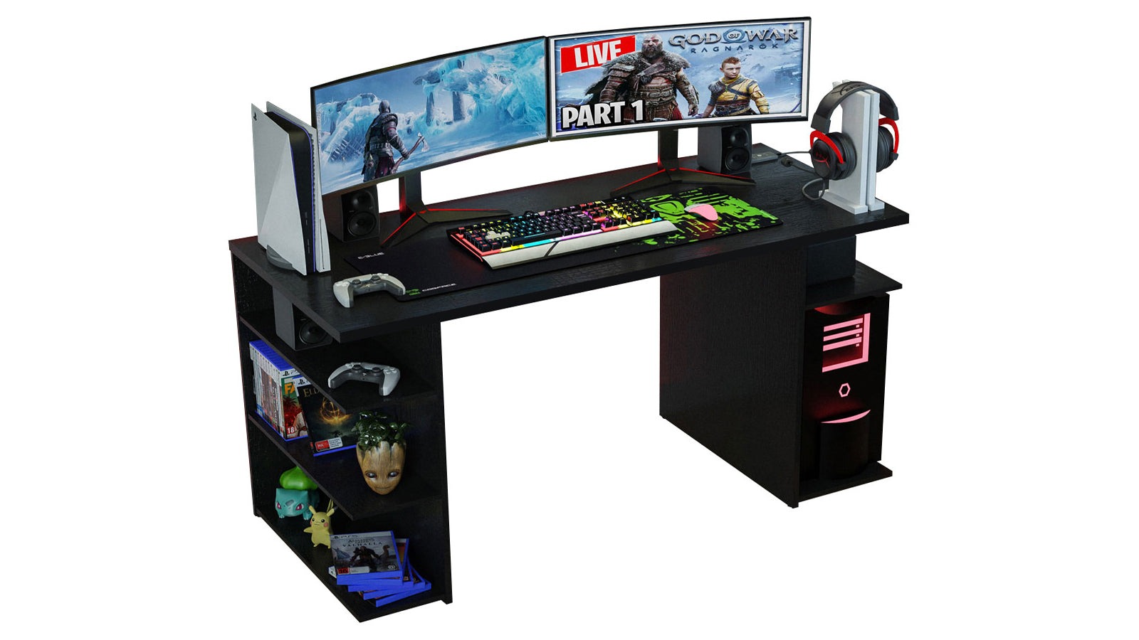 Madesa Gaming Computer Desk 5 Shelves Cable Management Black