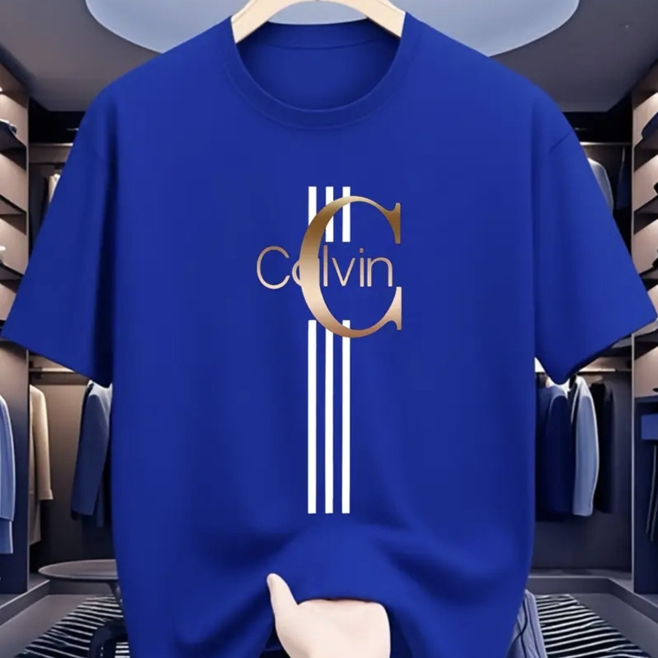 TEMU Men's Heavyweight 180gsm Cotton Business Casual T-shirt - Royal Blue, Round Neck Short Sleeve Shirt For Office, Everyday & Formal Events -