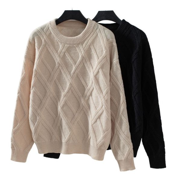 2024 Autumn Winter New womans Knit pullover sweater rhomboid knitting Crewneck Solid color casual loose long sleeve thick warm knitwear Blac