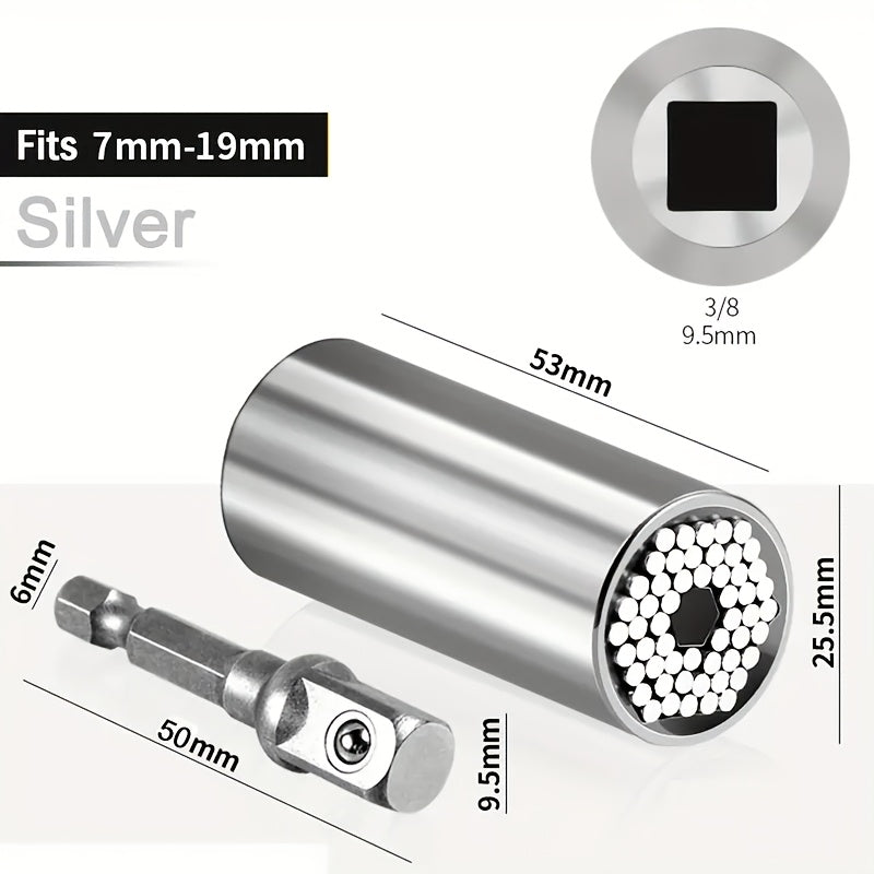 TEMU Universal Socket Wrench Set 7-19mm, Professional Hand Tool, Chrome Steel Construction, Hand Operated With Ratchet And Drill Adapter,