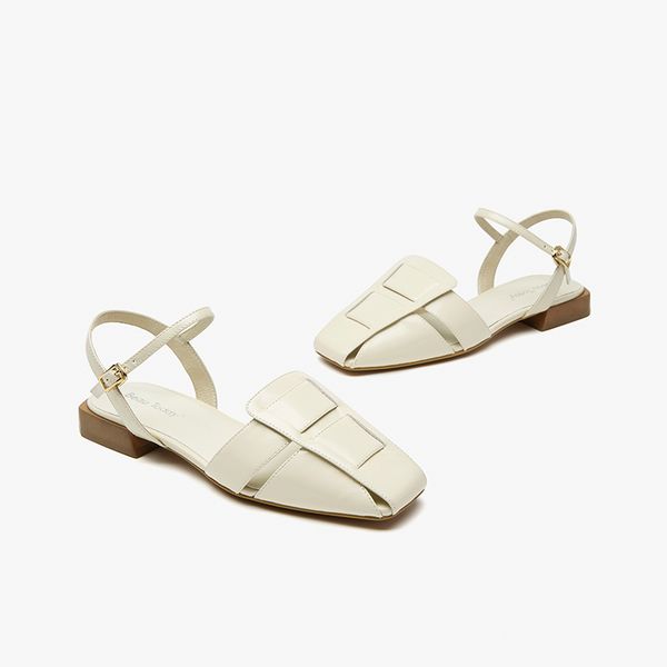 Elegent BeauToday Sandals Women Genuine Cow Leather Square Toe Hollow-out Design Buckle Ankle Strap Ladies Flats Handmade 32363 eec1