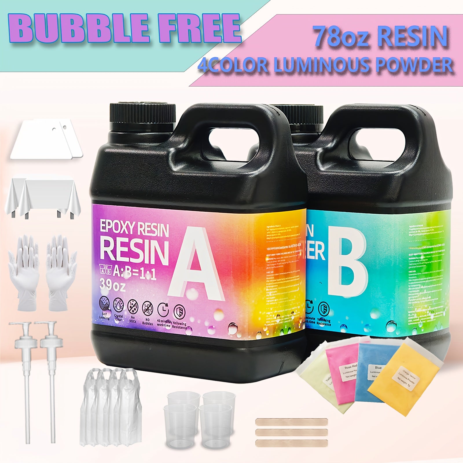 TEMU Fast Curing Epoxy Resin 234oz-156oz-78oz With 4-color Luminous Powder, Different Effects , Bubble-free, , Low Odor -for Halloween Gifts, Coating