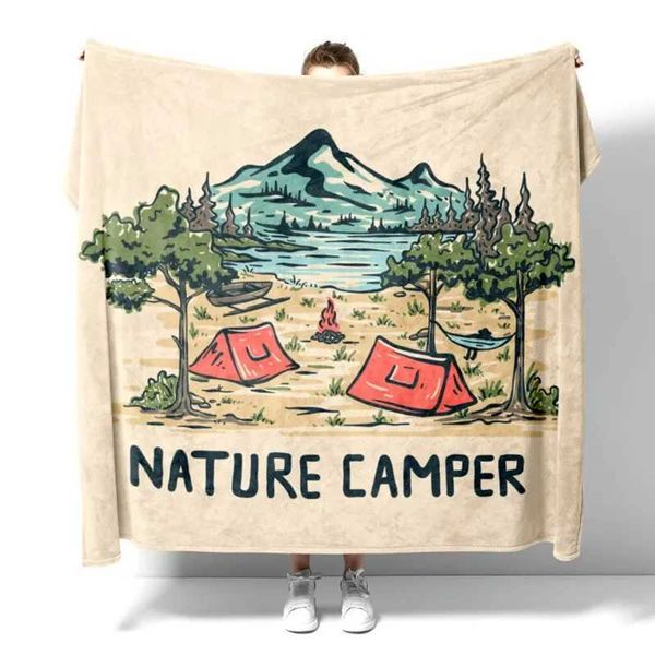 Summer Happy Camper Korea Case Plaid Throw Blanket Beige Gift Set Tapestry Sofa Cover Soft Sofa Decoration Napping Feet Warm W240809