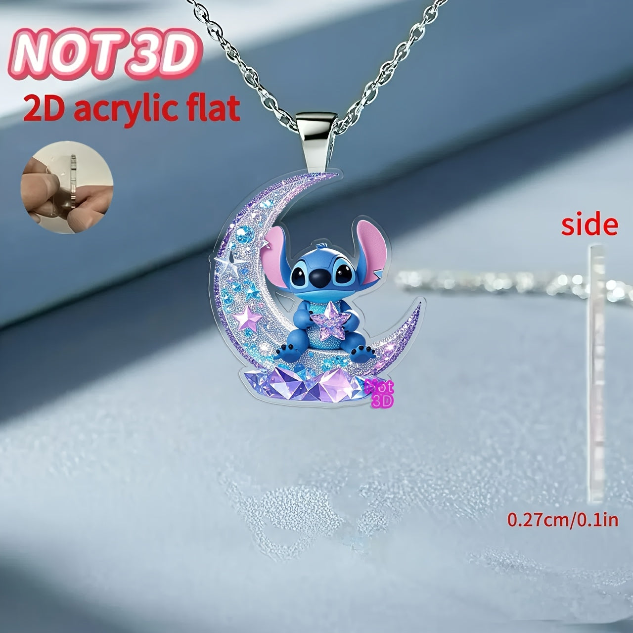 TEMU 2d Flat, 1pc Stitch Necklace For Teenager - Blue Acrylic Pendant With Sparkling , Perfect Gift For Birthdays, Parties, And Casual Attire, Casual