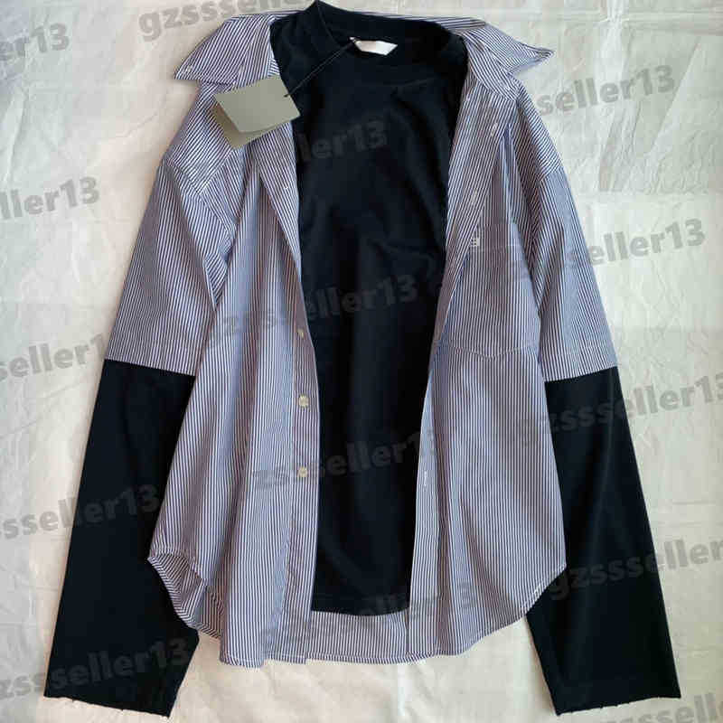 Fake Two Pieces Womens Blouses Tops Luxury Designer Blouse Fashion Brand Black Cotton Crew Neck Top High Quality Women Clothing