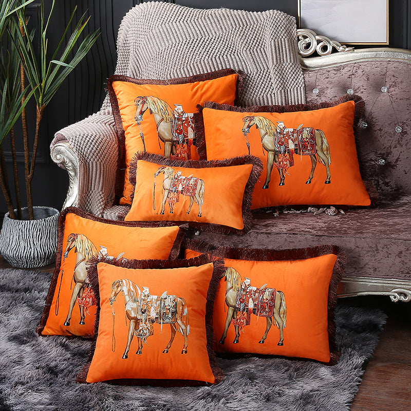 Designer European American Printed Cushion Horse Pattern Veet Pillowcase Lumbar Pillow Cover Tassel Edge
