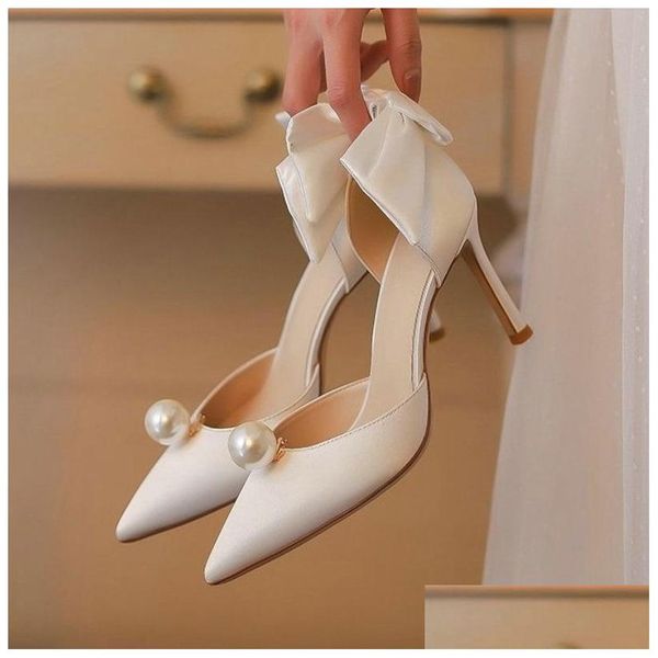 Dress Shoes Bow 2024 Bridal Satin White Pearl Main Heels Wedding Wear Hollow French Fe75 Drop Delivery Accessories