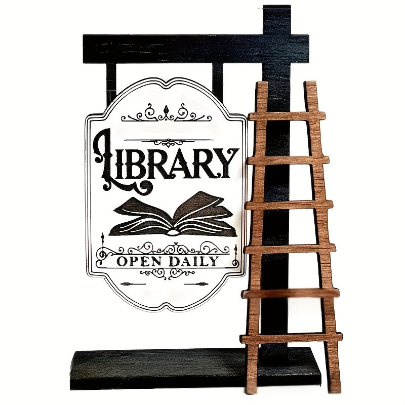 TEMU Retro Wooden Library Sign, Elegant Bookshelf Design, Miniature Desktop Decoration, English Text, Suitable For Home And Office, Desk Accessories,