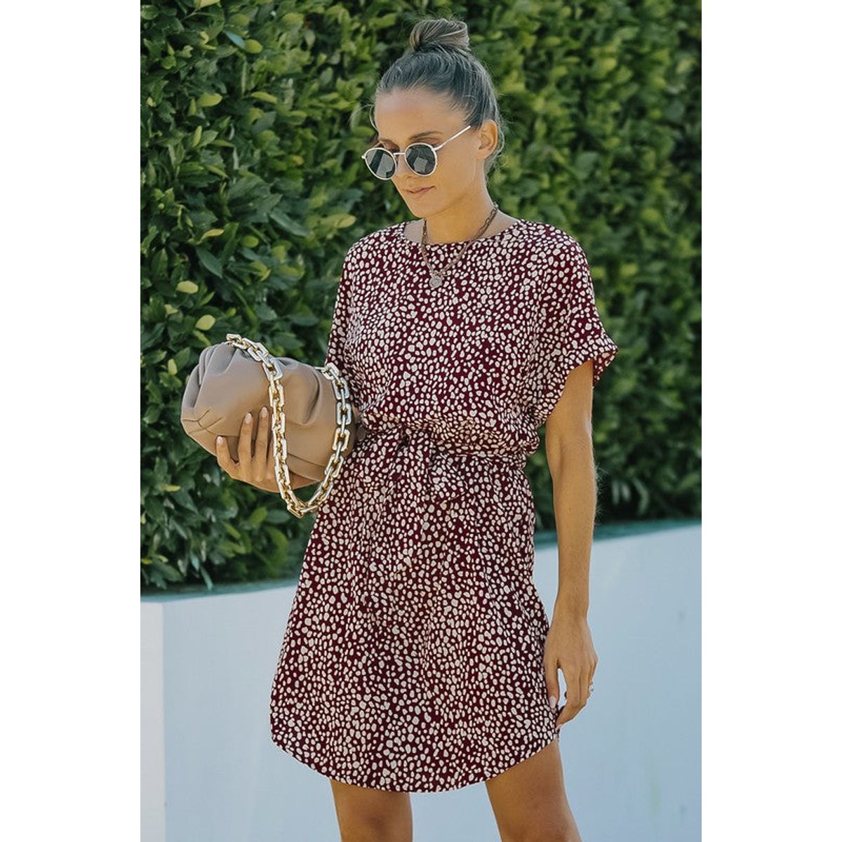 Leopard Dotted Waist Tie T-Shirt Dress - Wine - Small (2-4)