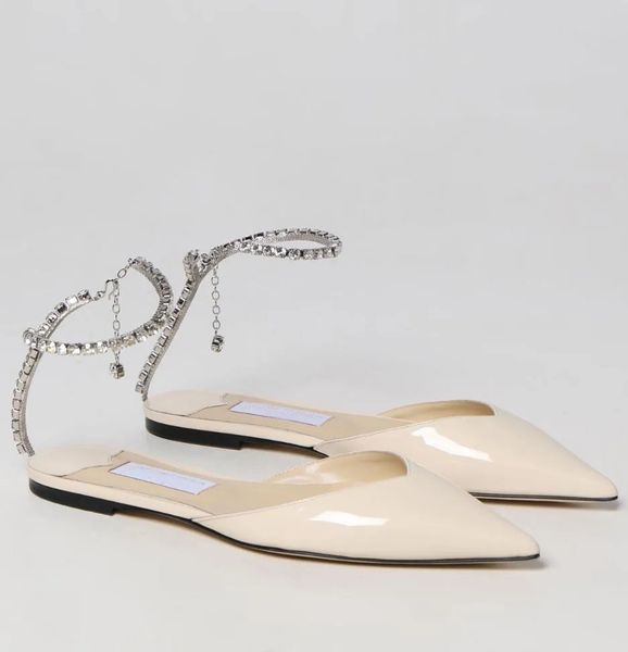 2024 Top Luxury Saeda Sandals Shoes Pointed Toe Ballet Flats For Woman Crystal Chain Straps Party Wedding Dress Glitter Luxury Lady Footwear