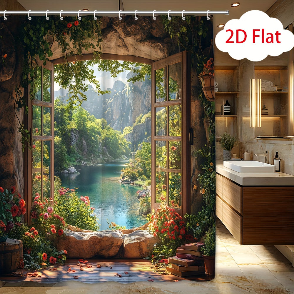 TEMU 1pc Large Bathroom Shower Curtain - Realistic French Door Design With Turquoise Lake & Floral Accents, Machine Washable Polyester Fabric Bath