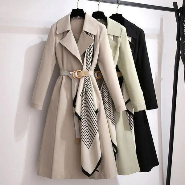 Striped Scarf Draped ALine Belt Open Stitch Lady Windbreaker Spring Autumn Large Lapel Dress Hem MidLength Outerwear 240119