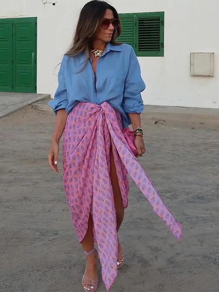 2024 Boho Women Casual Print Tie Side Wrap Skirt Elegant High Waist Female Summer Asymmetrical Knee Length Aline Skirts 240323