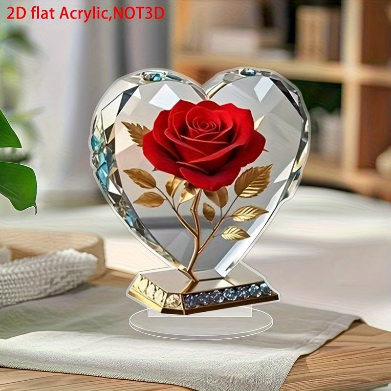 TEMU 2d Flat, 2d Flat Acrylic Bohemian Heart-shaped Statue With Red Rose And Golden Accents - Elegant Desktop Decor For Home Or Office, Perfect Gift,