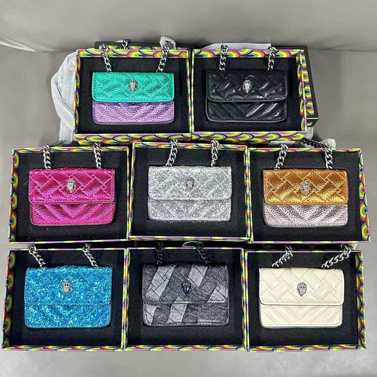 Eagle Head Bag Mini Small Embroidered Color Block Shiny Card Holder Crossbody Chain Wallet