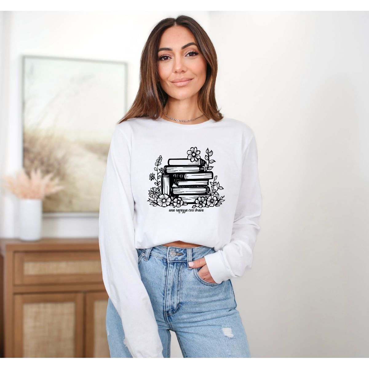 Such a Good Girl' Books & Flowers Long Sleeve T-Shirt - Large - White