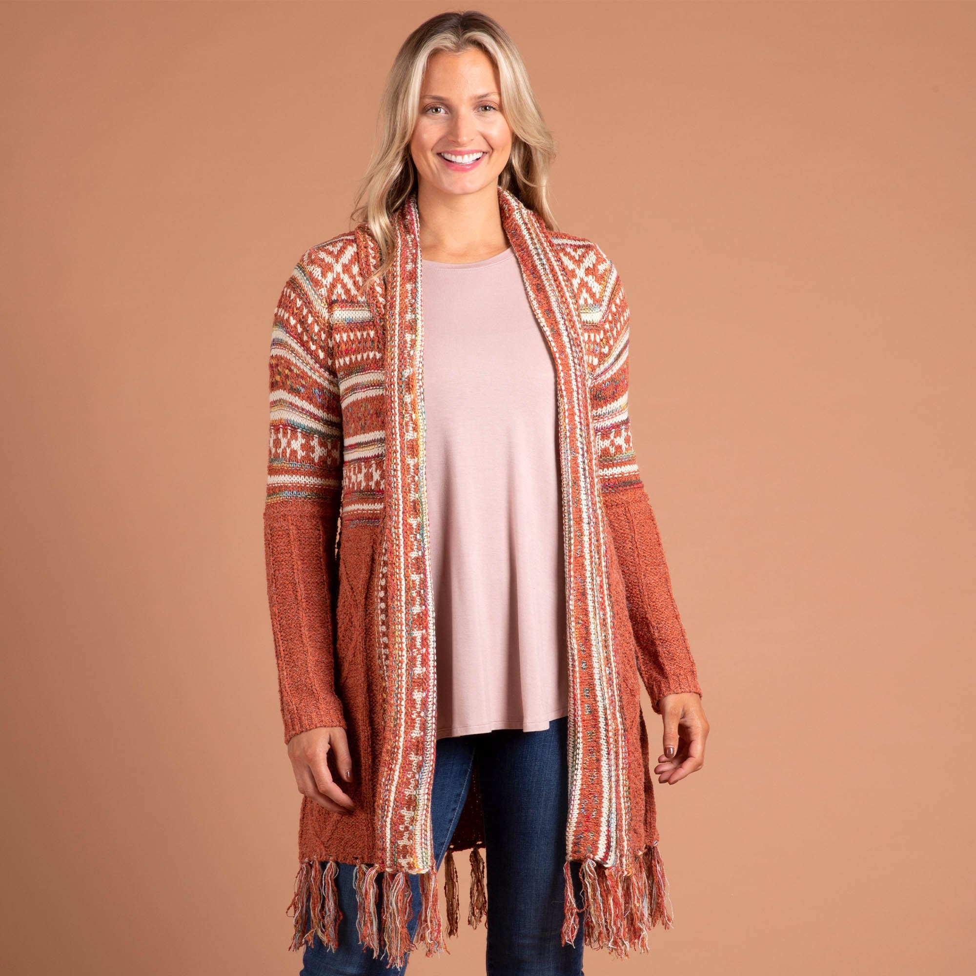 Upper Striped Duster Cardigan with Fringe - Rust - S-M