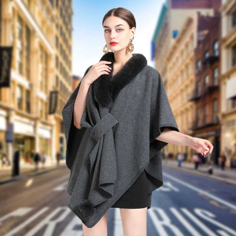 New printed coat artificial rabbit fur collar half sleeved raincoat womens loose knitted cardigan woolen sweater womens solid color shawl W240921