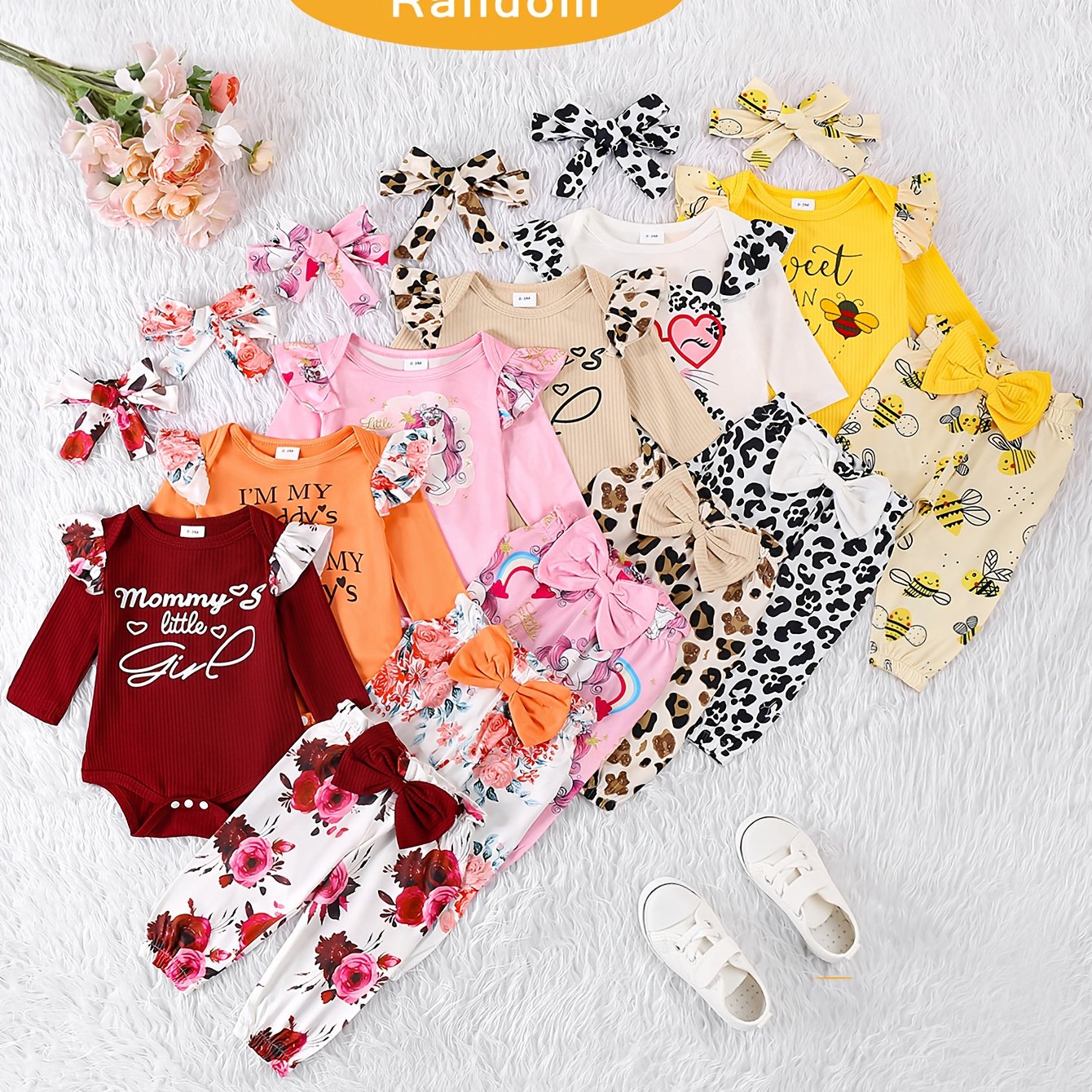 TEMU 3 Sets Of Random Newborn Autumn And Winter Letter Print Long Sleeve Rompers With Pants, Perfect For Outdoor, Baby Girl Outfits