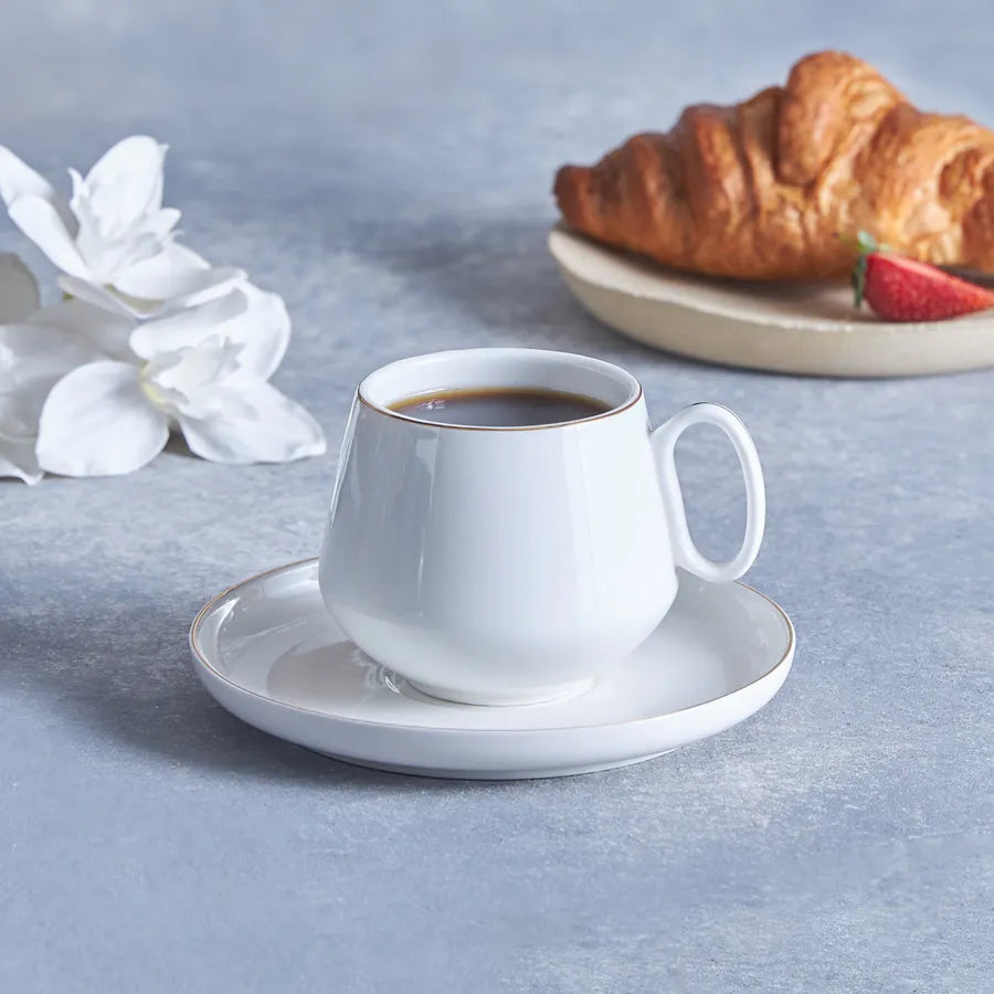 Karaca Titan 4 Piece Porcelain Tea Cup and Saucer Set for 2 People, 220ml, White Gold