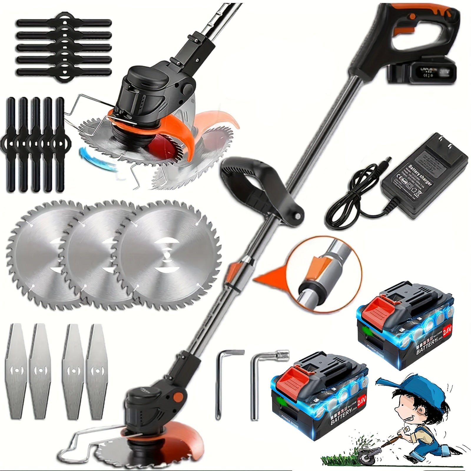 TEMU Brush Cutter Power Tools Lawn Mower, Electric Cordless String Trimmer With 2 Batteries, Charger, 3 Types Blades, Battery Powered, Lightweight