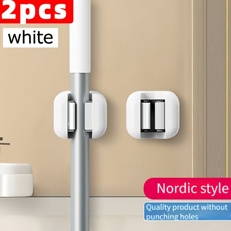 TEMU 2pcs Easy-install Wall-mounted Mop & Broom Holder - Self-adhesive, No-drill Storage Clip For Home, Kitchen, Bathroom - Durable White Plastic