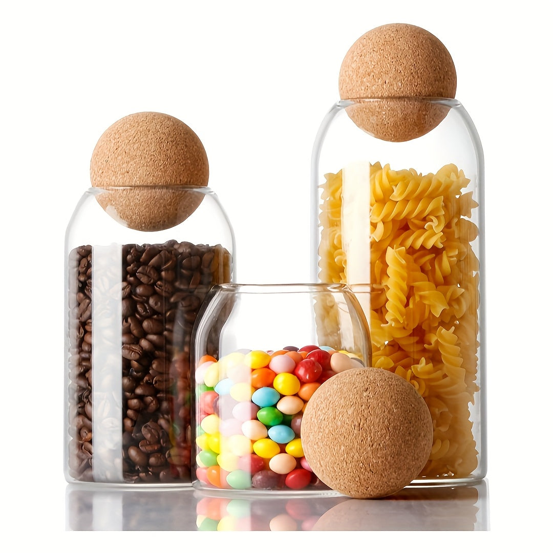 TEMU 3pcs Glass Storage Container With Spherical Cork Stopper, 17oz-500ml Glass Jar, Used For Storing Food, Coffee, Sugar, Spices, Tea