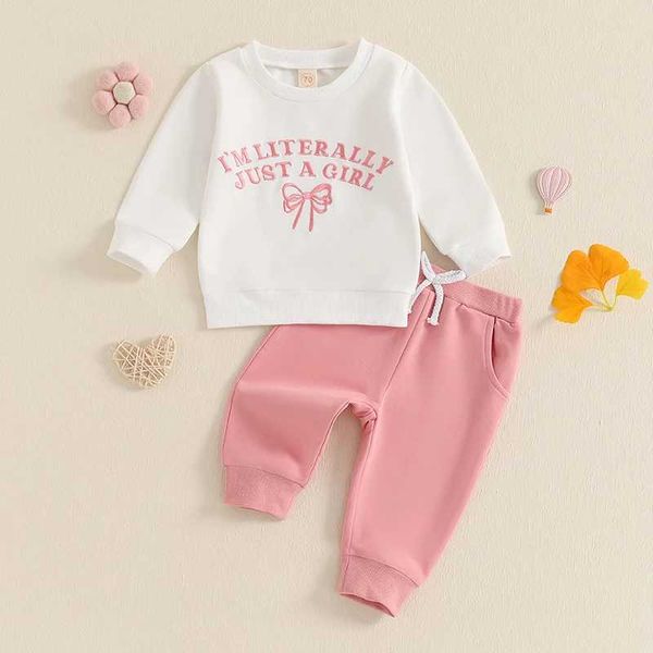 Clothing Sets Baby Girls Kids 2-piece Outfits Embroidery Letters Bow Long Sleeve Sweatshirt with Elastic Waist Sweatpants Activewear 0-3Year