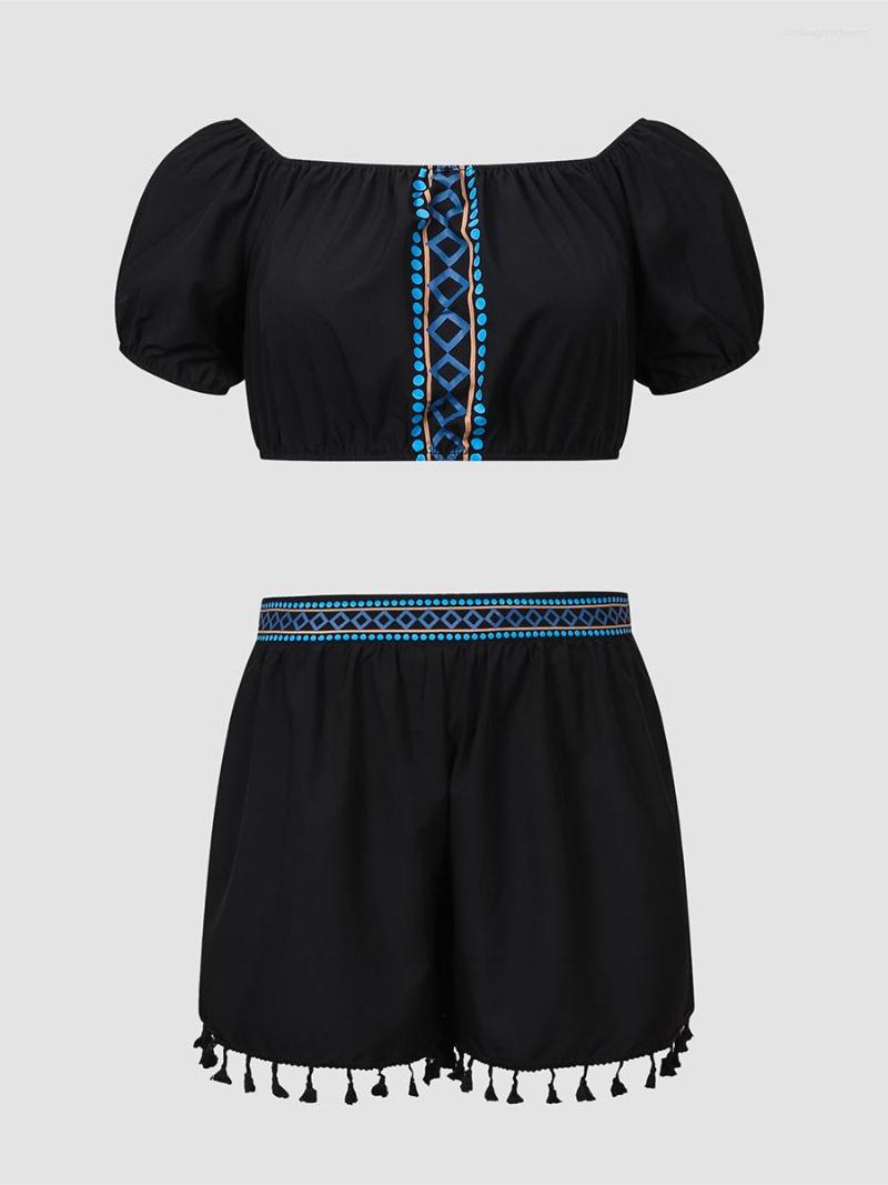 Tracksuits Finjani Plus Size Two Piece Set Women Outifits Summer Women&#039;s Clothing Thnic Style Black Top And Shorts Fringed Hem Sets