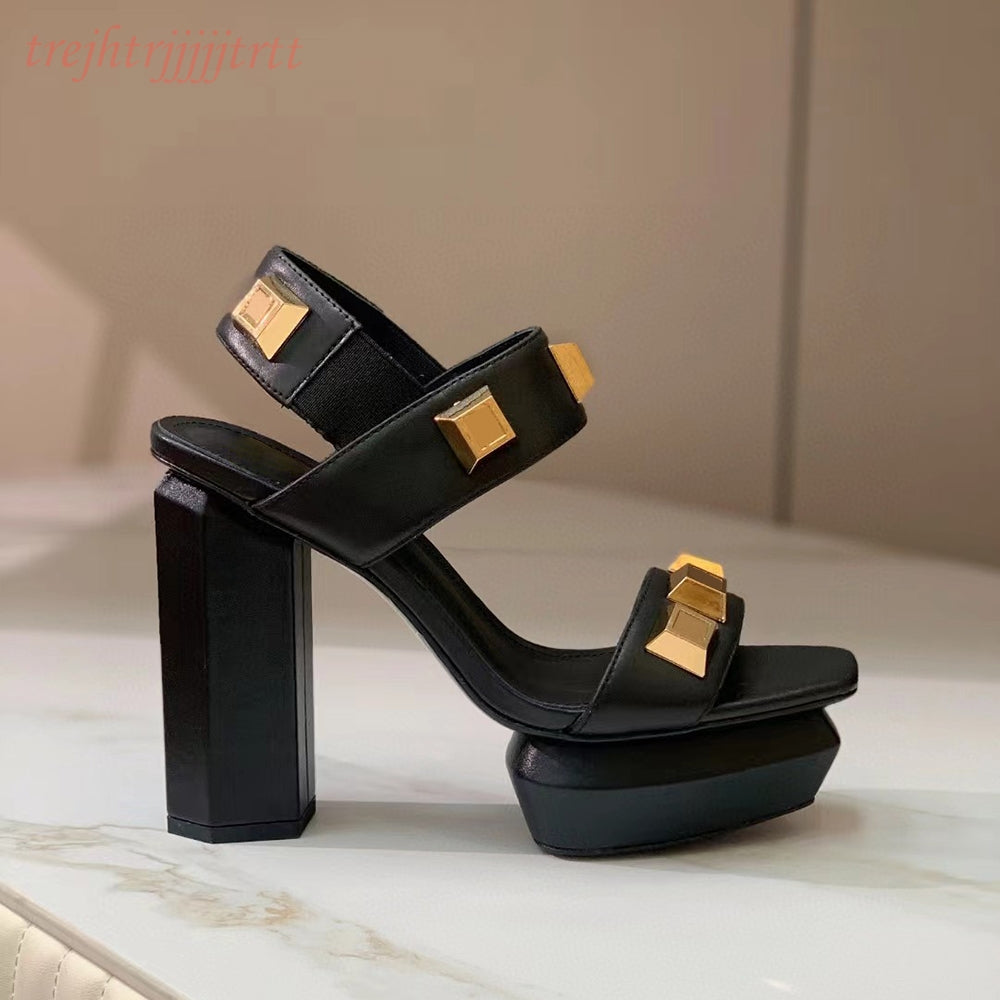 Women&#039;s chunky heel platform sandals Genuine Leather square buckle Peep Toe Pumps Party evening shoes luxury designer high heels factory footwe