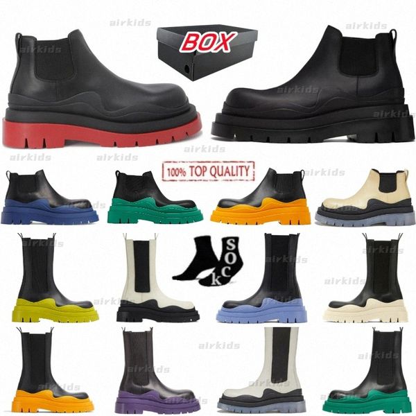 Designer Boots Tire Ankle Chelsea Boot Black Red motocycle booties Pink Leather Green Acid Turquoise Amalfi Blue Tangerine Pink Rubber mens