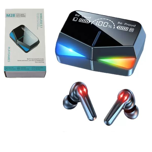 M28 Gaming TWS Earbuds Colorful Light Clear Mirror Noise Cancelling Earphone Wireless Headsets with Mic Bass Sound Sports 2000mAh Power Bank