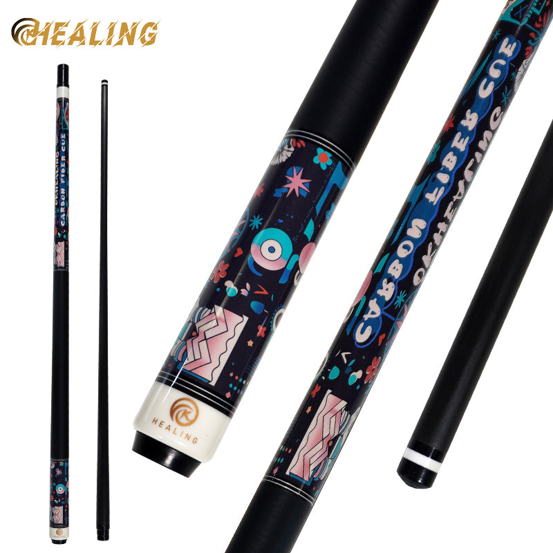 OKHEALING 1-2 Split Pool Cue Stick Carbon Fiber Billiard Cue 11.8mm Black Bakelite Tip Radial Pin - 8 Teeth Joint 1474mm-58inch Weight Adjust 19-20o