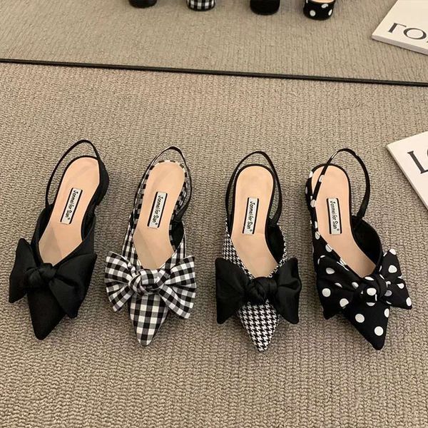 Women&#039;s Fashion Pointed Toe Bowknot Sgbac Pumps Plaid Polka Dots Heels Slip-on Small Heel Sandals Casual Thin Shoes