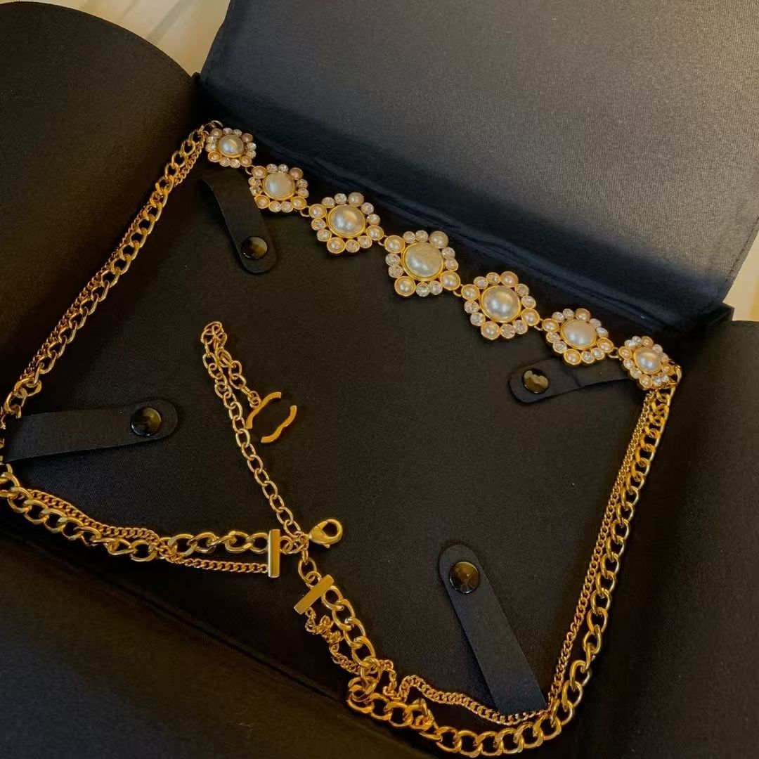 Best Women chain belt designer waist chain for womens pearl chain gold chain metal bling chain belt top quality belt with pants dress skirt with box