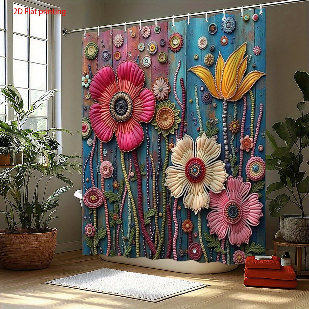 TEMU 1pc Extra Large 71x71 Inch Shower Curtain - Textured Floral Bathroom Decor With Hooks, Turquoise Blue & In Beige, Yellow, Green, Brown, Purple,