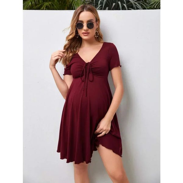 Maternity Dresses Summer Pure Colour V-neck Women Dress Loose Plus Size Pregnant Skirts Casual Clothing 250210