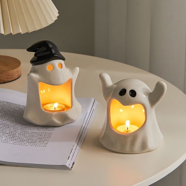 Decorative Objects Home Decor Accessories Fairy Garden White Ceramic Ghost Figurine Candle Holder Living Room Office Cute Wax Candles Candle