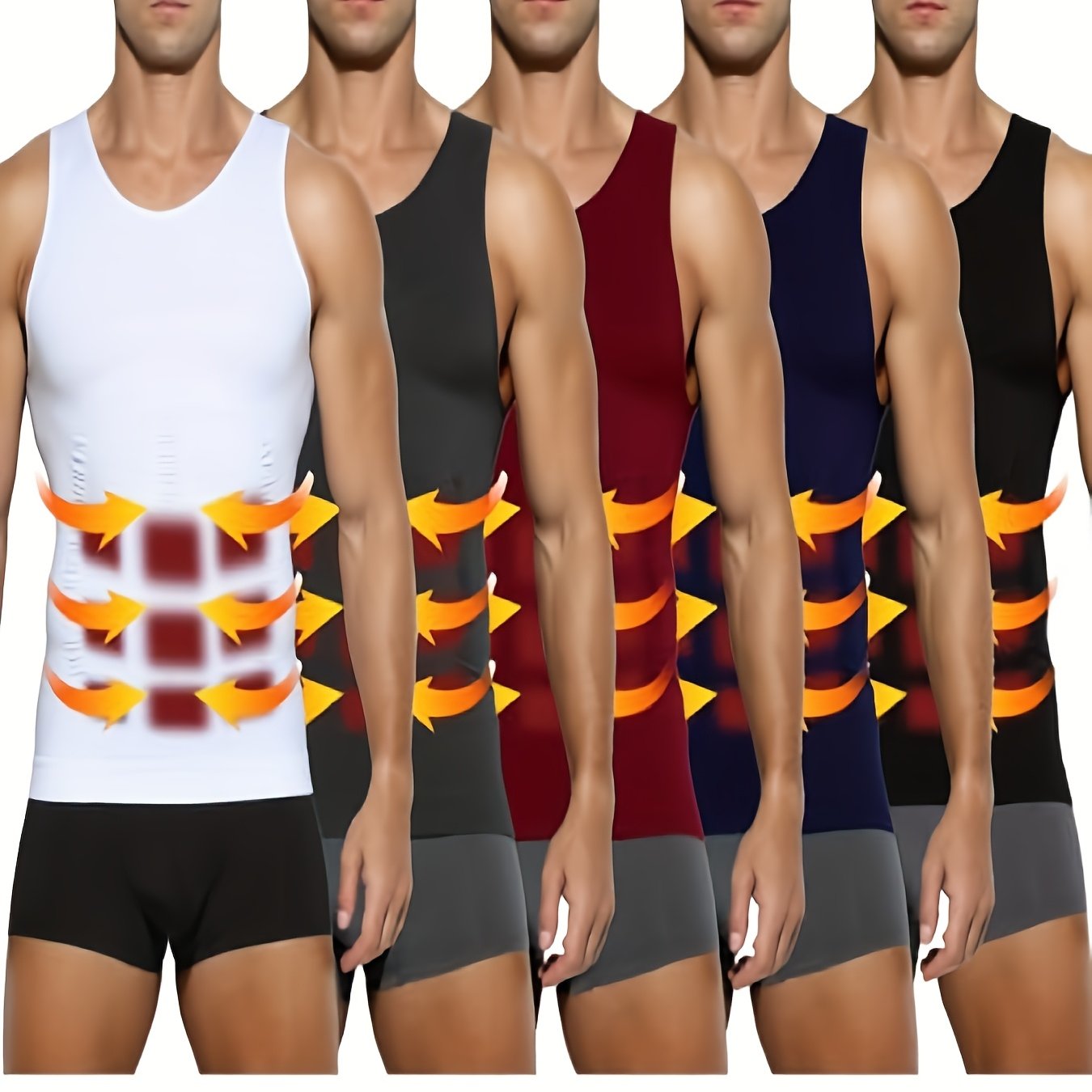 TEMU 5pcs Men's Compression Shaping Shirts - Tummy Control Slimming Muscle Enhancer Underwear, Workout & Gym Tank Tops, (white-black-navy-) - Body