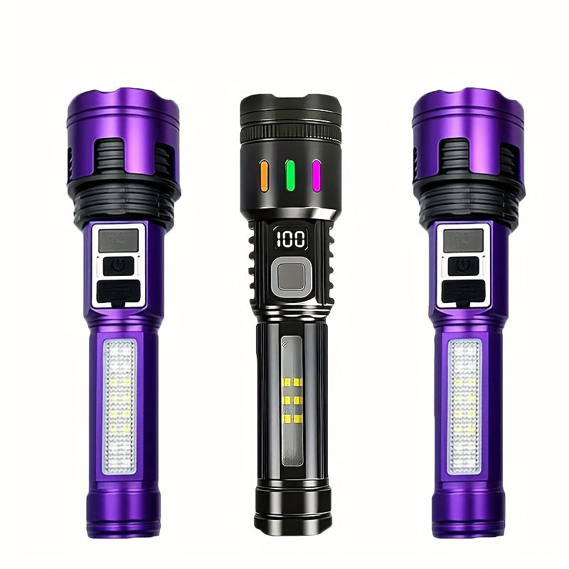 TEMU 3 Outdoor Led Flashlights, Rechargeable Household Handheld Flashlights Digital Display, Adjustable Length, Multiple Lighting Mode, For Camping,
