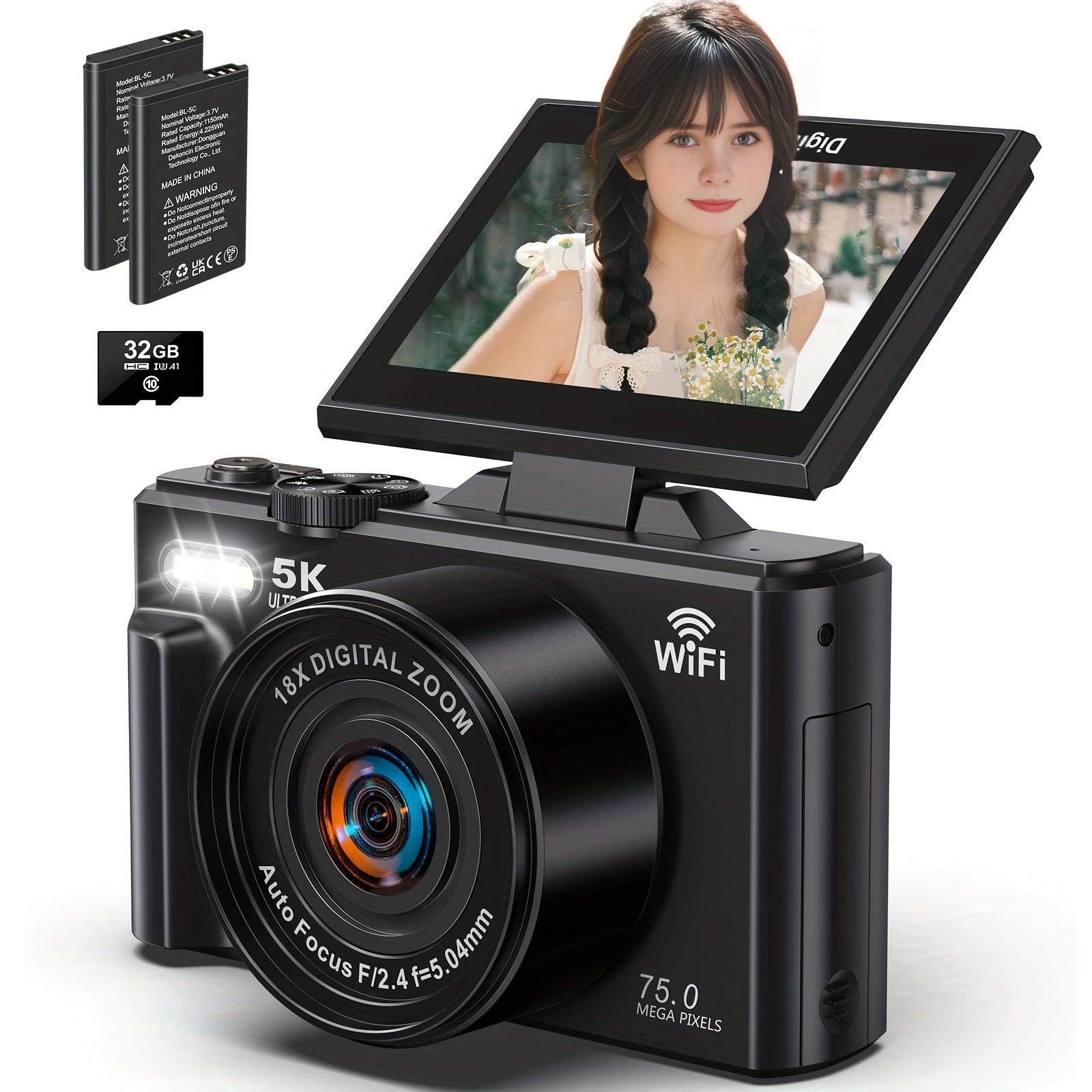 TEMU Dingetu 75mp 5k Digital Camera For Photography & Vlogging - 18x Zoom, 3" 180° Flip Screen, Wifi Enabled With 32gb Sd Card & 2 Batteries, Compact