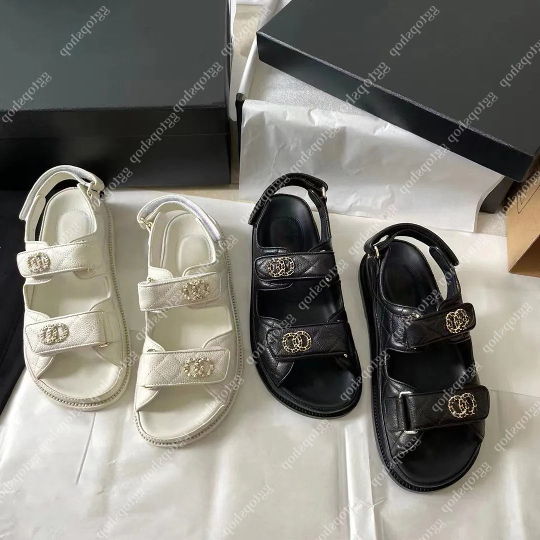 fashion Calf Leather quilted dad Sandals designer Dress shoes women Luxury flat womans sandles White Black Leather Mules Slides Beach Buckle Strap F