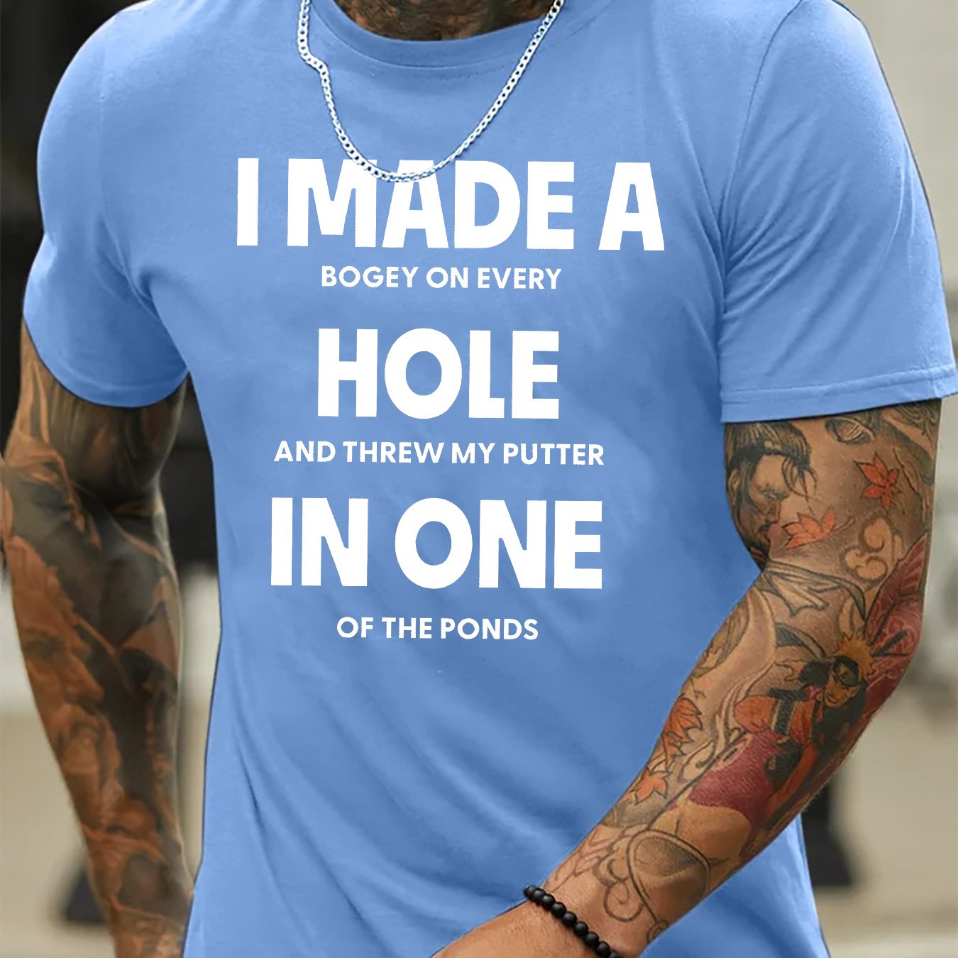 TEMU Men's I Made A Hole In 1 Letter Print Short Sleeve T-shirts, Comfy Casual Elastic Crew Neck Tops For Men's Outdoor Activities