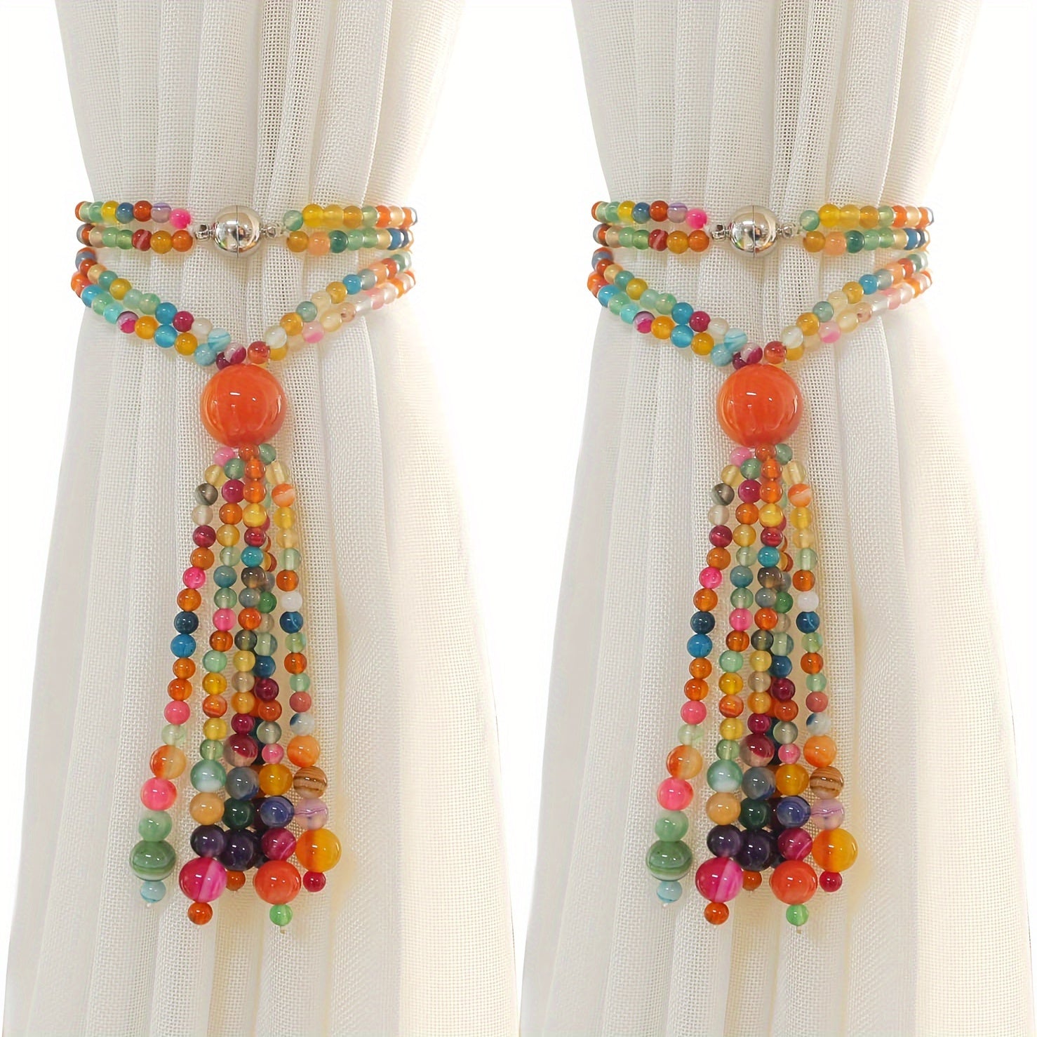 TEMU 2pcs Handmade Boho Style Magnetic Curtain Ties - Colorful Beaded Tassel Curtain With Vibrant Colors, Secure Window Treatments For Decor, Boho