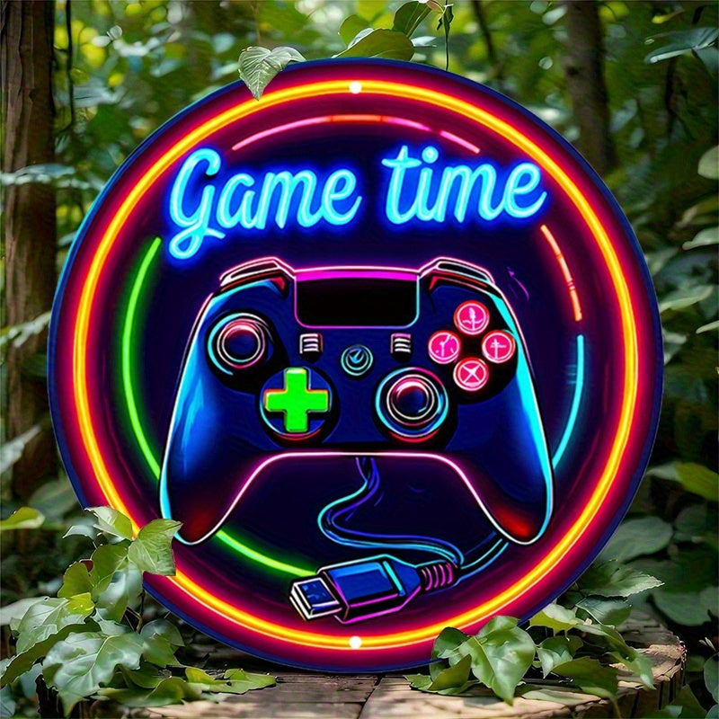 TEMU 1pc Neon Sign - Vintage Round Aluminum Wall Decor With "" Design, Durable Craft For Home, Bar, Or Porch, 8x8 Inch, Blue & Pink Accents, Perfect