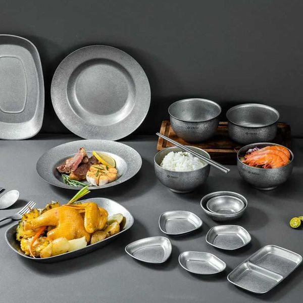 Decorative Plates Plate Bowl Decoration Round Snowflake Gray Craft Texture Retro Stainless Steel Dinner Plate Cake Plate Home Garden Restaur