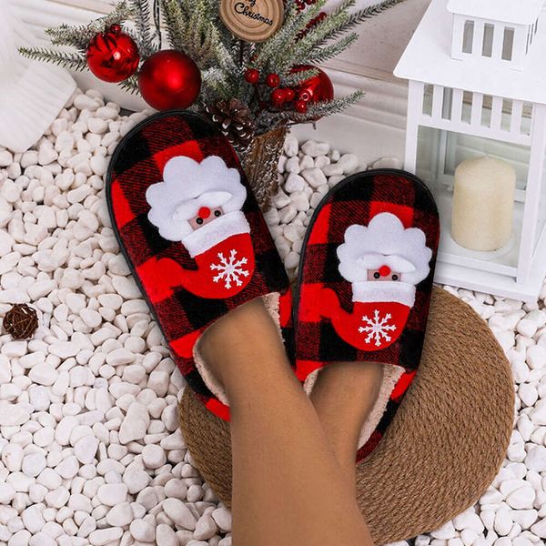 Christmas Fluffy Fur Flat Santa Claus Closedy4w5 Toe Slippers Soft Plush Slip-on House Shoes Plaid Household Supplies